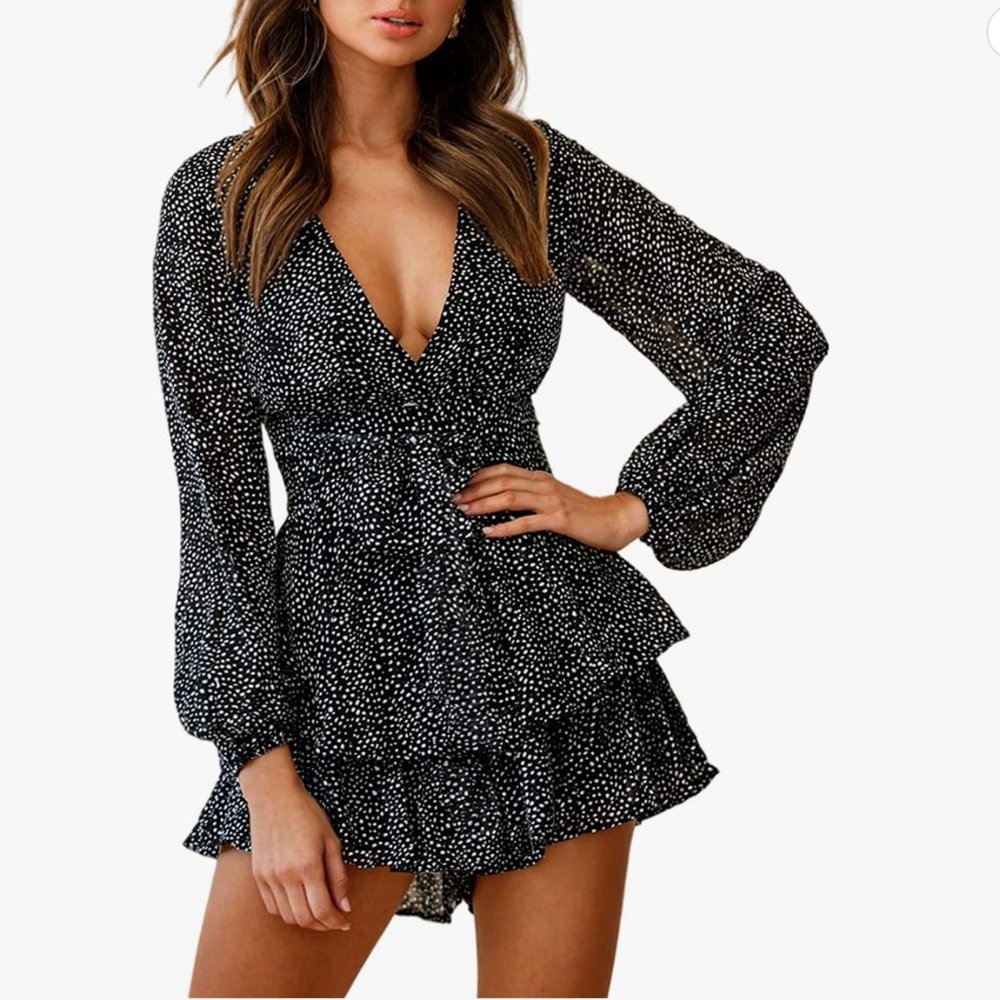 Relipop Women's Jumpsuit Floral Print V Neck Baggy Sleeve Waist Tie Double Large